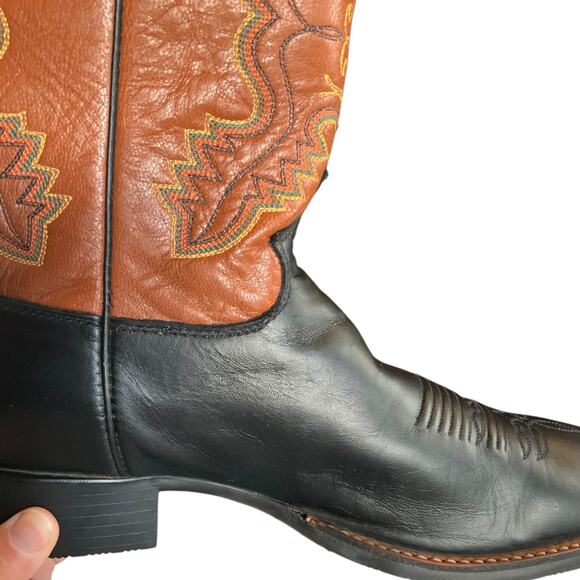 Justin Boots Mens 9D Black Brown Leather Western Cowboy Boots USA Made Tough
